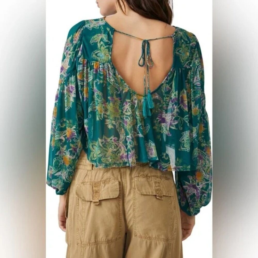 Free People Emerald Floral Sheer Tie Back Crop Top Boho Festival Blouse Sz M NWT - Picture 2 of 6
